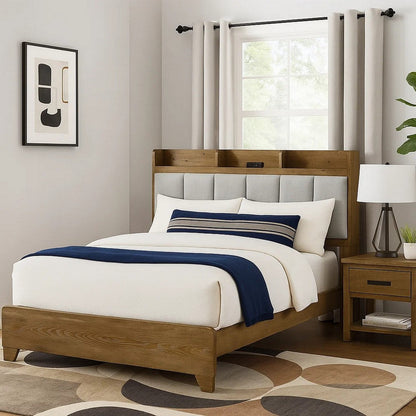 Gary Queen Size Bed with Tufted Headboard and USB Ports, Aspen Brown Wood