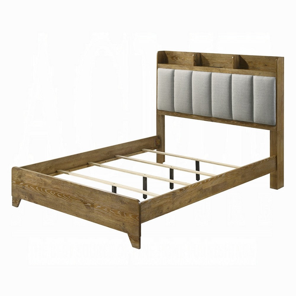 Gary Queen Size Bed with Tufted Headboard and USB Ports, Aspen Brown Wood