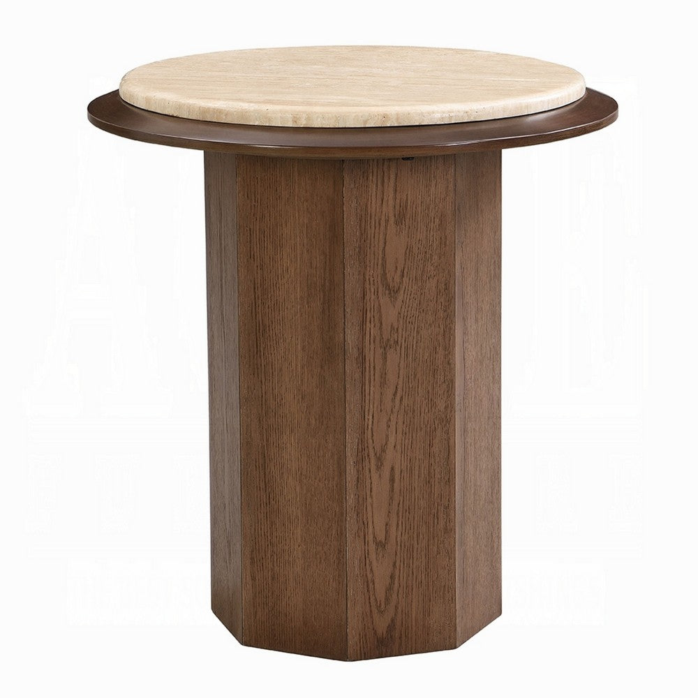 Pery Side End Table, 22 Inch Beige Travertine Stone Top, Walnut Brown