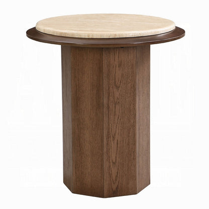 Pery Side End Table, 22 Inch Beige Travertine Stone Top, Walnut Brown