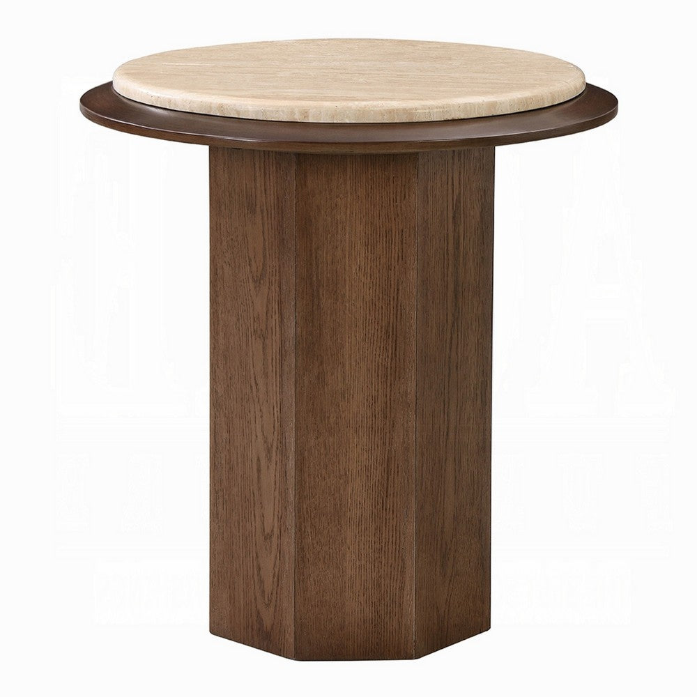 Pery Side End Table, 22 Inch Beige Travertine Stone Top, Walnut Brown