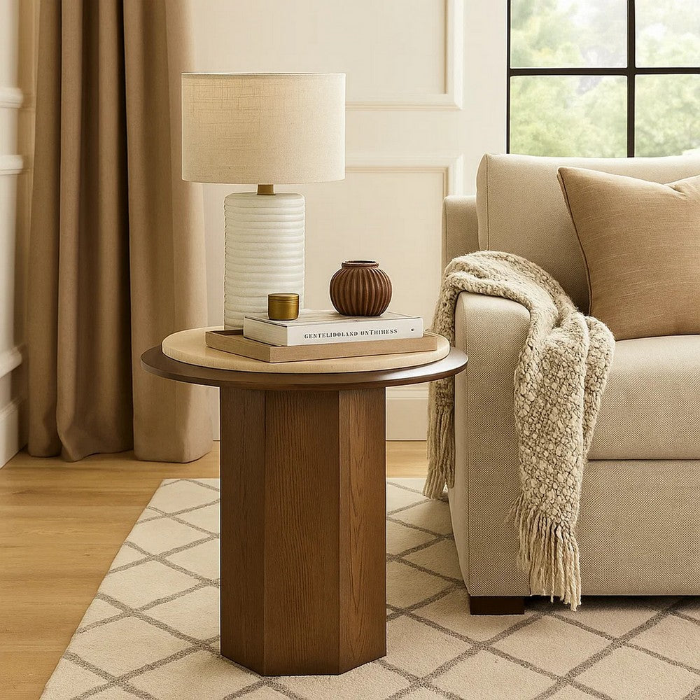 Pery Side End Table, 22 Inch Beige Travertine Stone Top, Walnut Brown