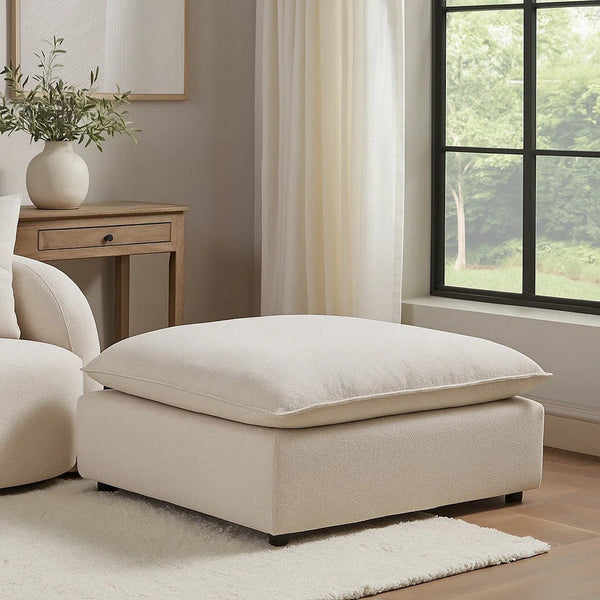 37 Inch Modular Ottoman, Feather Down and Cotton Fill Seat, Beige Boucle