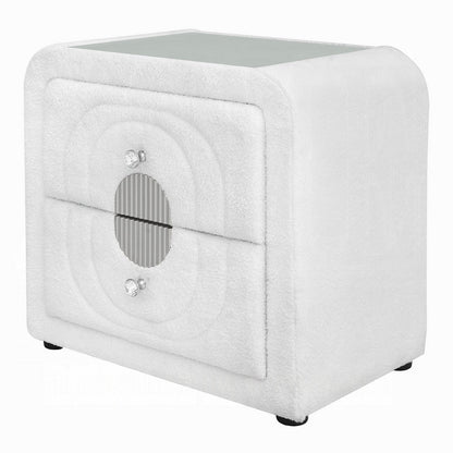 Kery Glass Top Nightstand, 2 Drawers, White Teddy Sherpa Upholstery