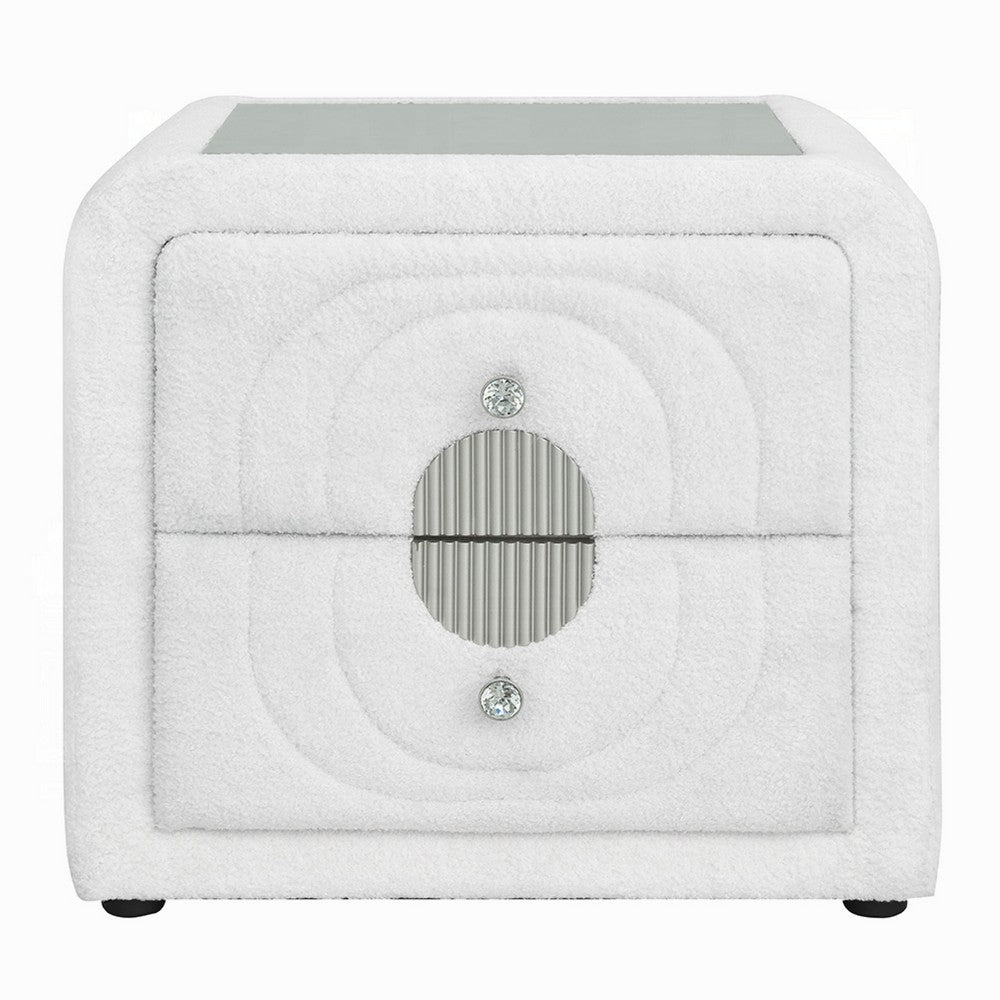 Kery Glass Top Nightstand, 2 Drawers, White Teddy Sherpa Upholstery