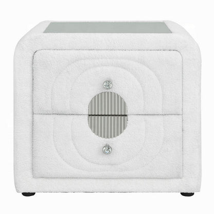 Kery Glass Top Nightstand, 2 Drawers, White Teddy Sherpa Upholstery