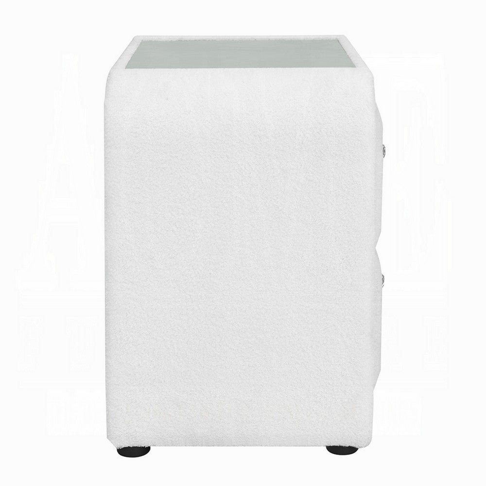 Kery Glass Top Nightstand, 2 Drawers, White Teddy Sherpa Upholstery
