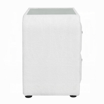 Kery Glass Top Nightstand, 2 Drawers, White Teddy Sherpa Upholstery