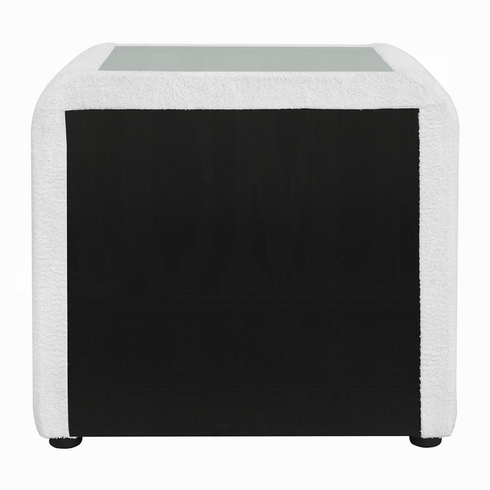 Kery Glass Top Nightstand, 2 Drawers, White Teddy Sherpa Upholstery