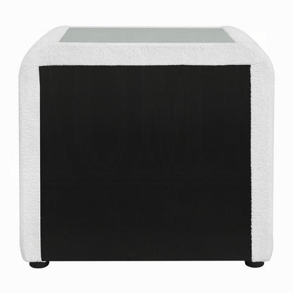 Kery Glass Top Nightstand, 2 Drawers, White Teddy Sherpa Upholstery