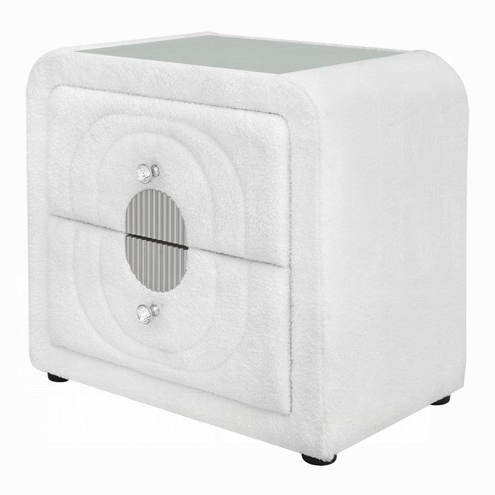 Kery Glass Top Nightstand, 2 Drawers, White Teddy Sherpa Upholstery