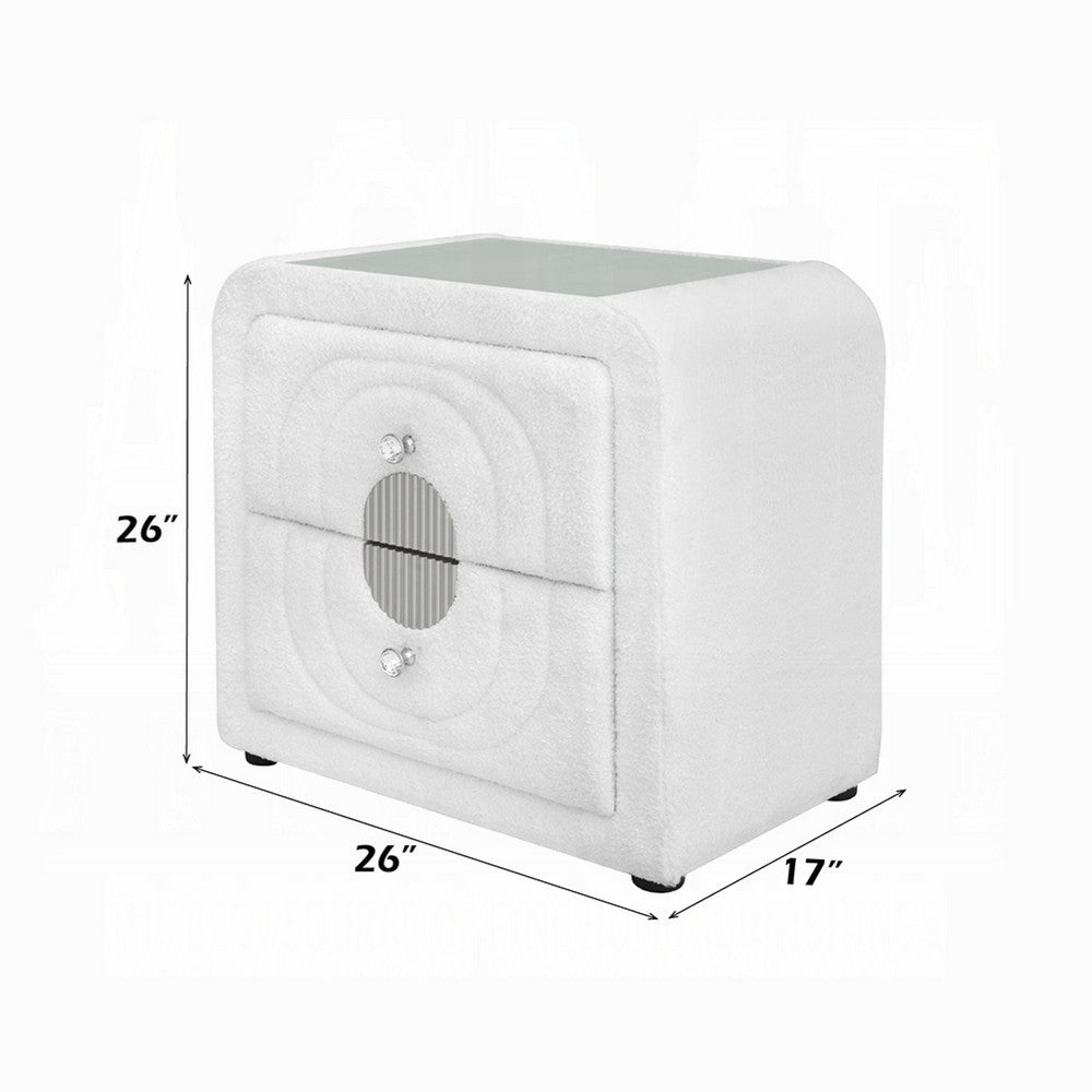 Kery Glass Top Nightstand, 2 Drawers, White Teddy Sherpa Upholstery