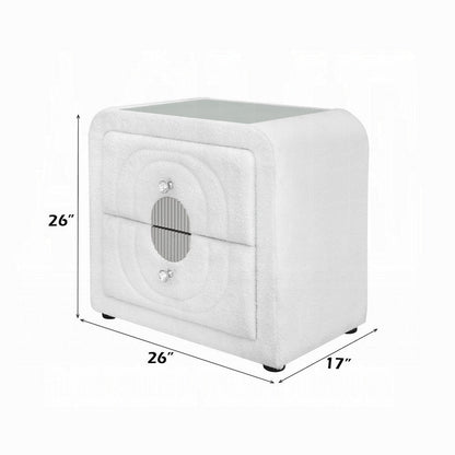 Kery Glass Top Nightstand, 2 Drawers, White Teddy Sherpa Upholstery