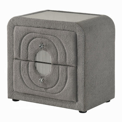 Kery Nightstand, 2 Drawers, Glass Top, Gray Teddy Sherpa Upholstery
