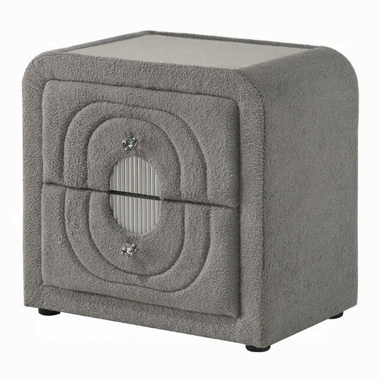 Kery Nightstand, 2 Drawers, Glass Top, Gray Teddy Sherpa Upholstery