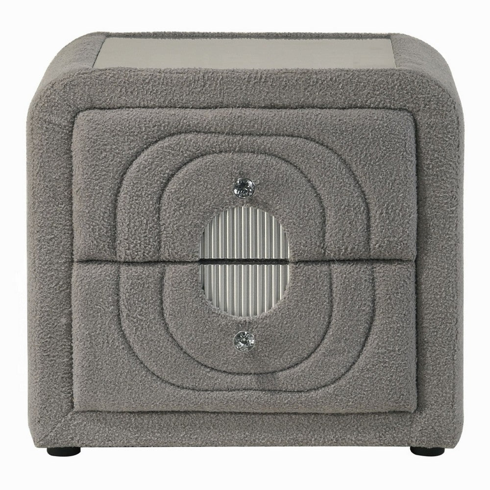 Kery Nightstand, 2 Drawers, Glass Top, Gray Teddy Sherpa Upholstery
