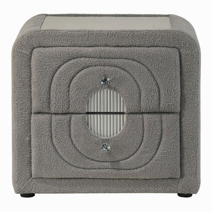 Kery Nightstand, 2 Drawers, Glass Top, Gray Teddy Sherpa Upholstery