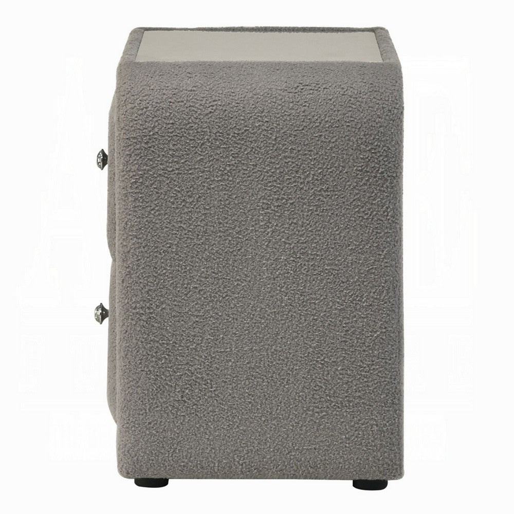 Kery Nightstand, 2 Drawers, Glass Top, Gray Teddy Sherpa Upholstery