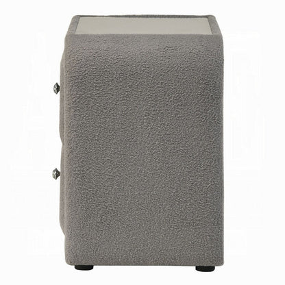 Kery Nightstand, 2 Drawers, Glass Top, Gray Teddy Sherpa Upholstery