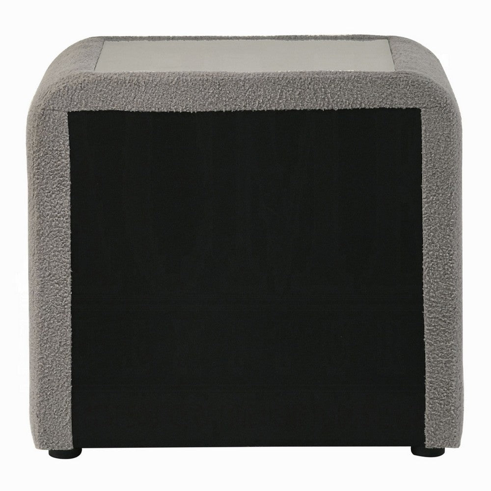 Kery Nightstand, 2 Drawers, Glass Top, Gray Teddy Sherpa Upholstery