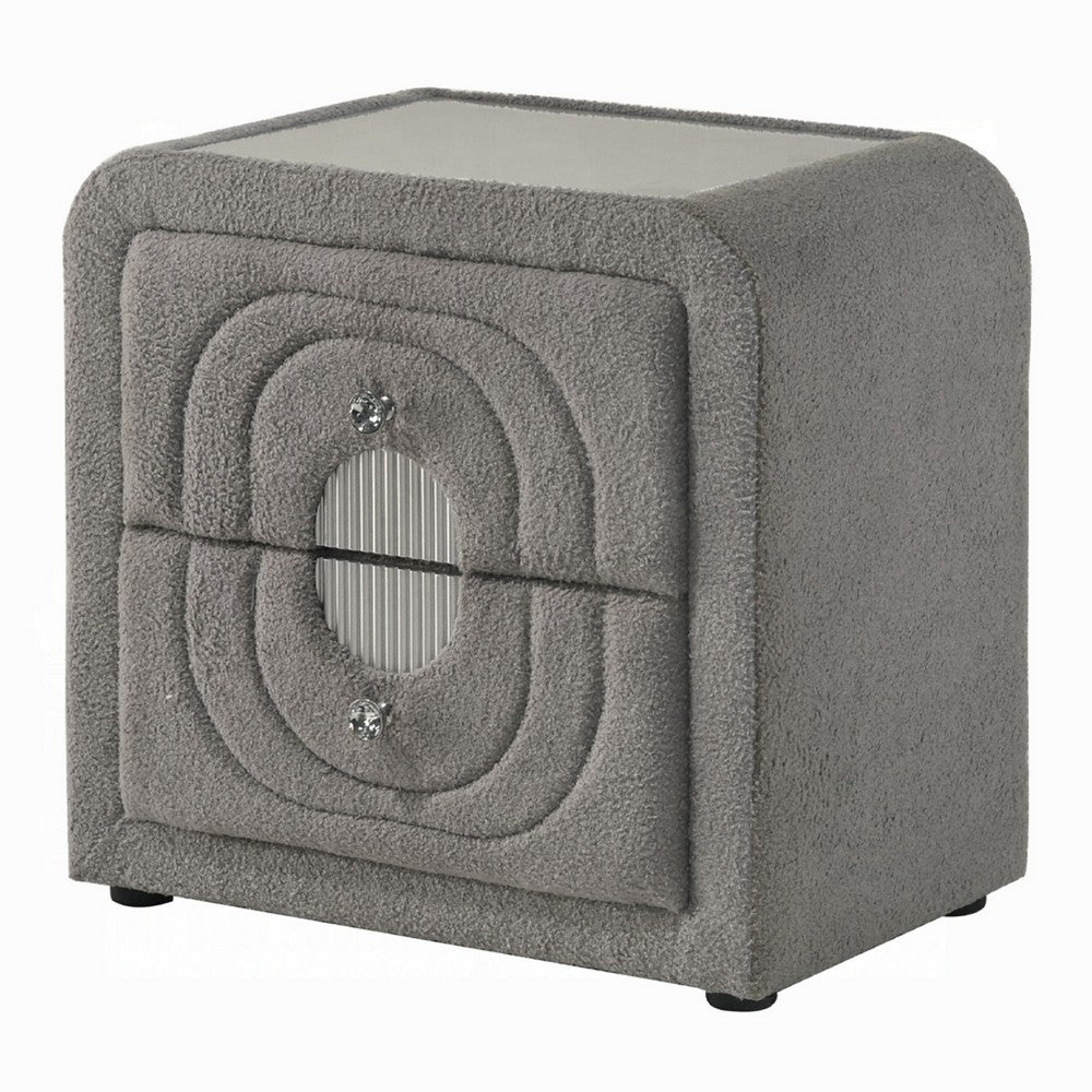 Kery Nightstand, 2 Drawers, Glass Top, Gray Teddy Sherpa Upholstery