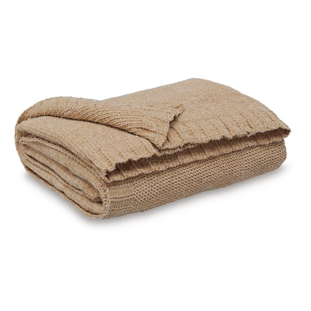 Tela Throw Blanket Set of 3, Machine Knitted, Textured Gold Polyester