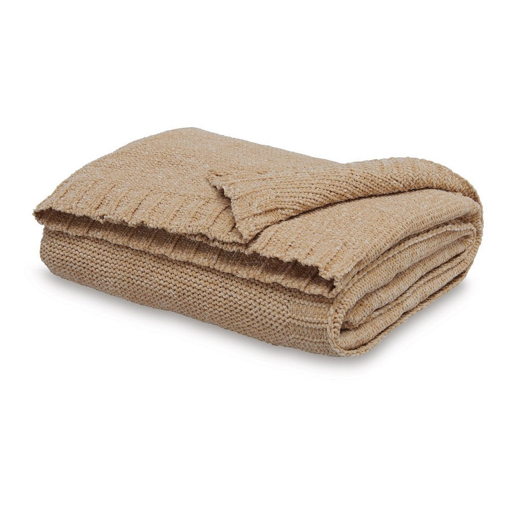 Tela Throw Blanket Set of 3, Machine Knitted, Textured Gold Polyester