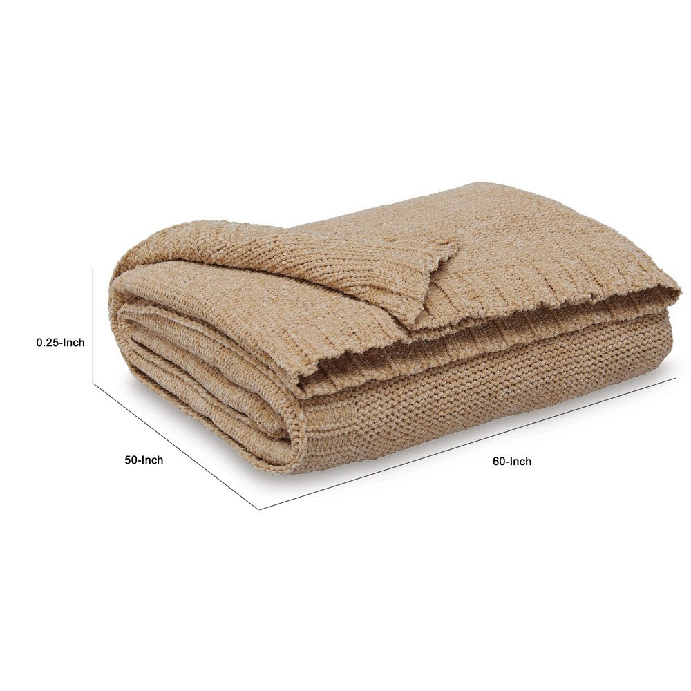 Tela Throw Blanket Set of 3, Machine Knitted, Textured Gold Polyester