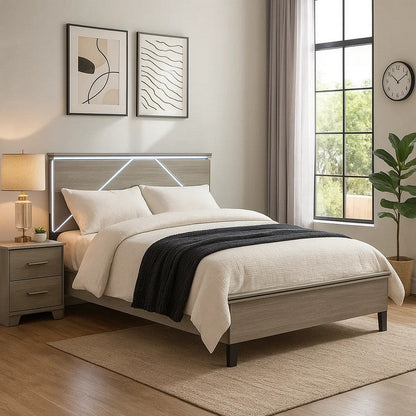 Anna Queen Bed, Panel Headboard with LED, Weathered Gray Wood, Modern Style