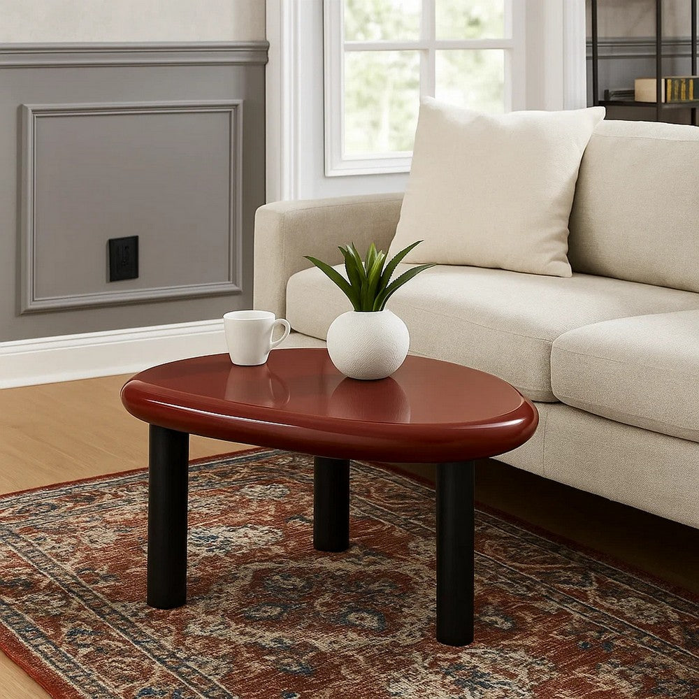 Endy End Table, 21 Inch Asymmetric Red High Gloss, 3 Round Metal Legs
