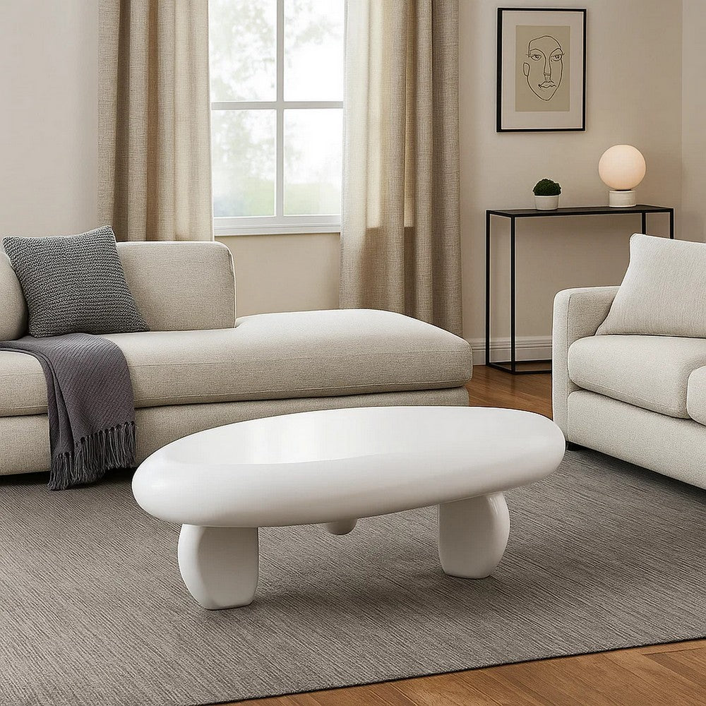 Vayu Coffee Table, 30 Inch Asymmetric Pebble Design, High Gloss White