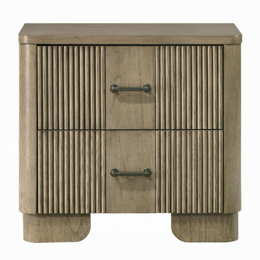 Leky Nightstand, 2 Reeded Drawers, Rounded Corners, Antique Oak Brown