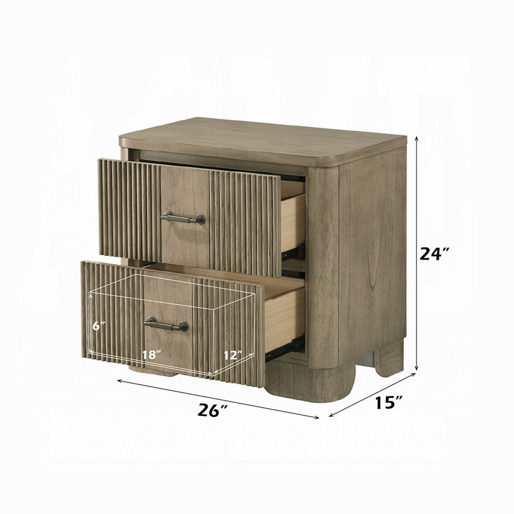 Leky Nightstand, 2 Reeded Drawers, Rounded Corners, Antique Oak Brown