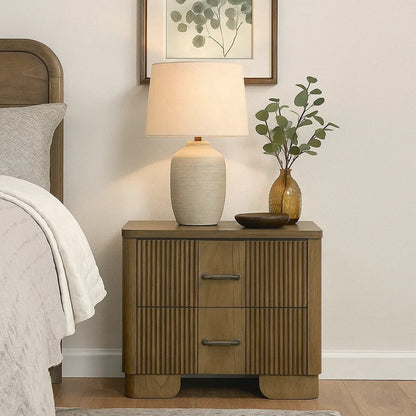 Leky Nightstand, 2 Reeded Drawers, Rounded Corners, Antique Oak Brown