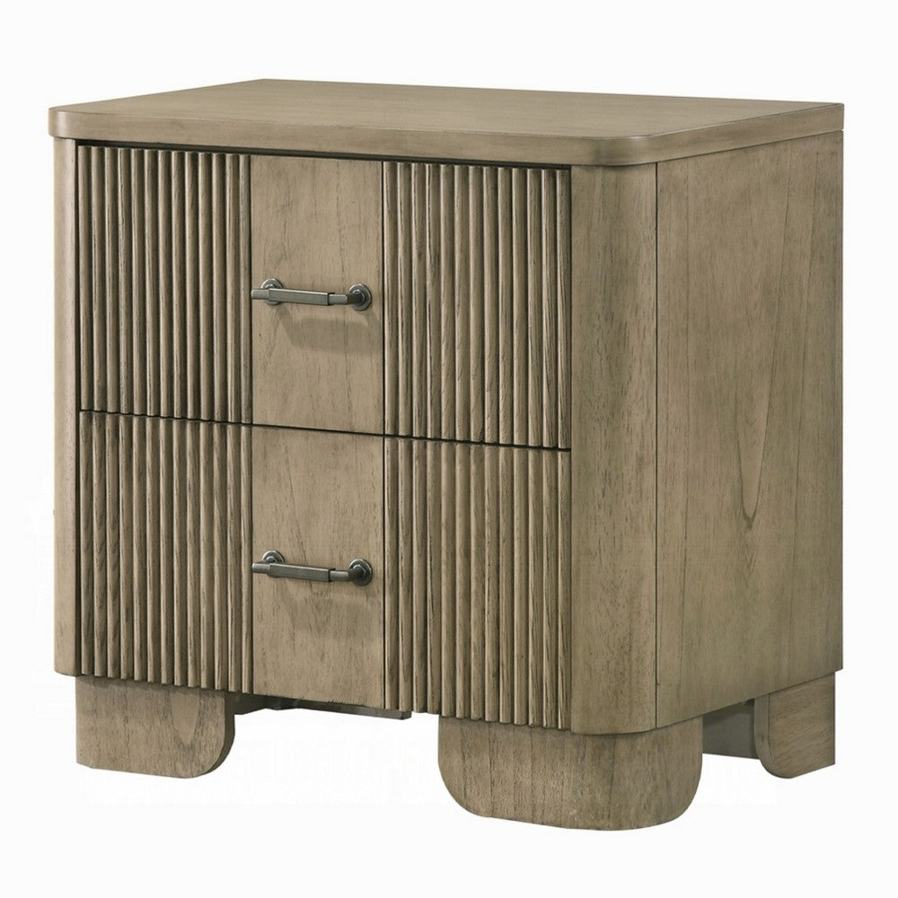 Leky Nightstand, 2 Reeded Drawers, Rounded Corners, Antique Oak Brown
