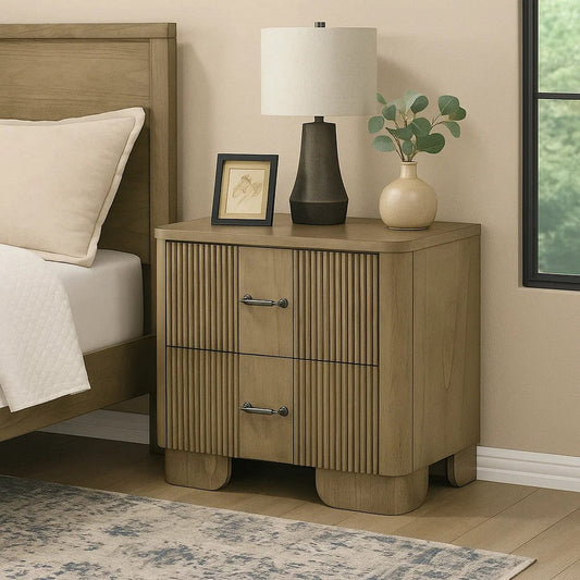 Leky Nightstand, 2 Reeded Drawers, Rounded Corners, Antique Oak Brown