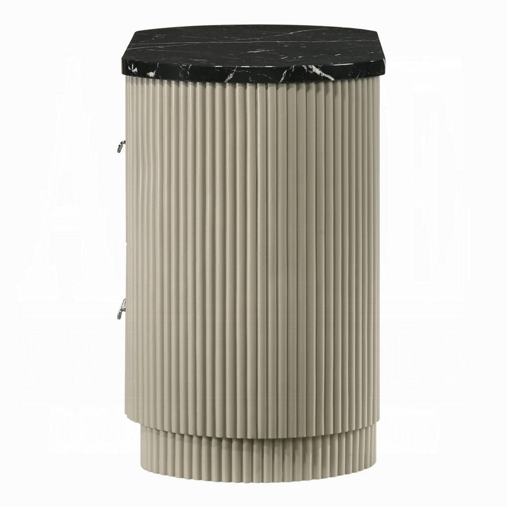 Trex Nightstand, 2 Reeded Drawers with Black Faux Marble Oval Top, Beige