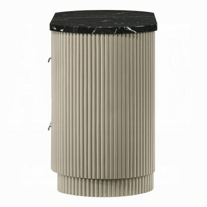 Trex Nightstand, 2 Reeded Drawers with Black Faux Marble Oval Top, Beige