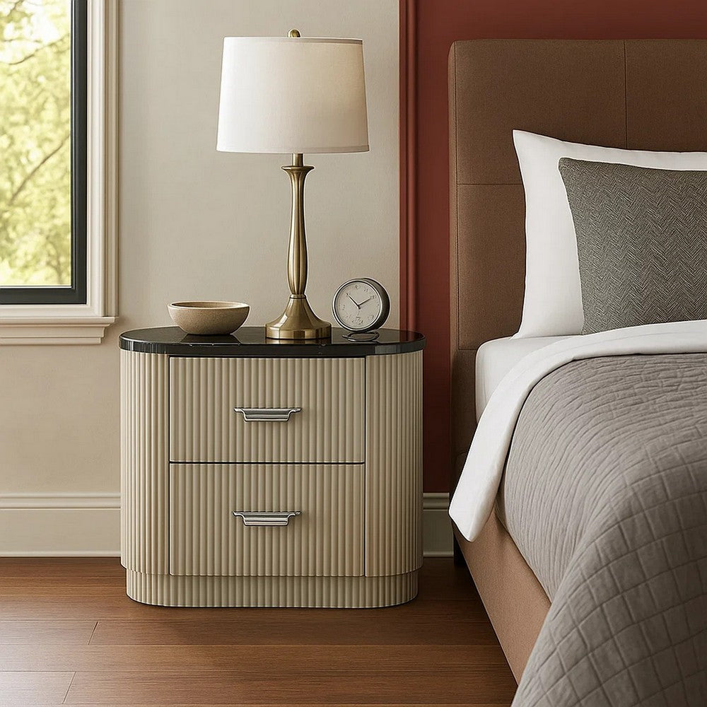 Trex Nightstand, 2 Reeded Drawers with Black Faux Marble Oval Top, Beige