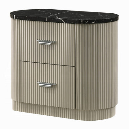 Trex Nightstand, 2 Reeded Drawers with Black Faux Marble Oval Top, Beige
