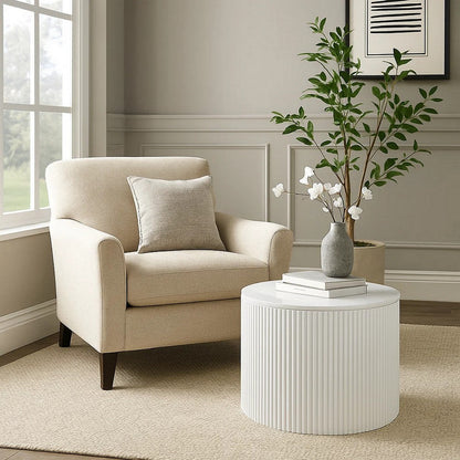 Del Modern Side End Table, 22 Inch Round Top, Glossy White Ribbed Base