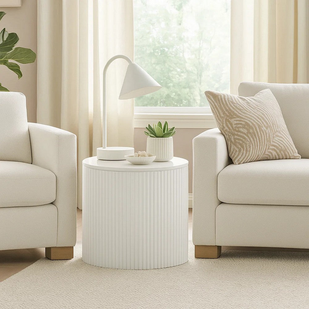 Del Modern Side End Table, 22 Inch Round Top, Glossy White Ribbed Base