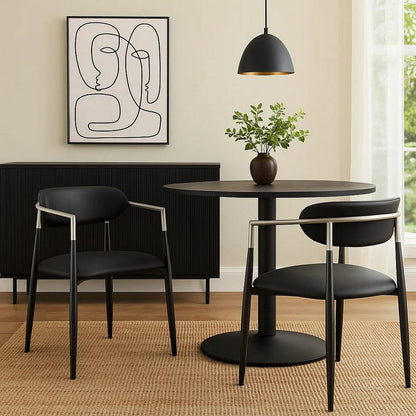 Vonn Dining Armchair Set of 2, Faux Leather Seat, Curved Back, Black Metal