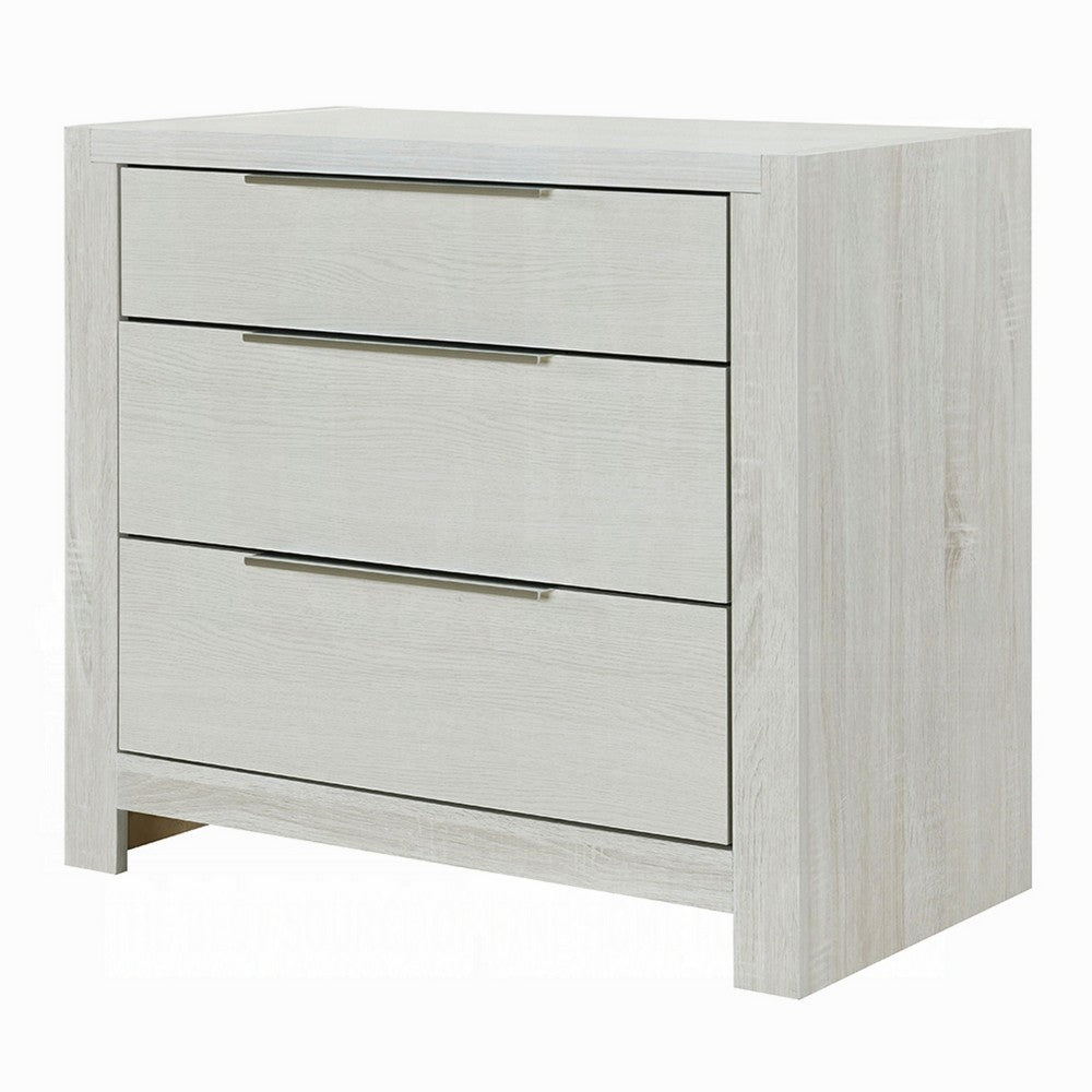 Geya Nightstand with 3 Drawers, Chrome Metal Handles, Light Gray