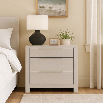Geya Nightstand with 3 Drawers, Chrome Metal Handles, Light Gray