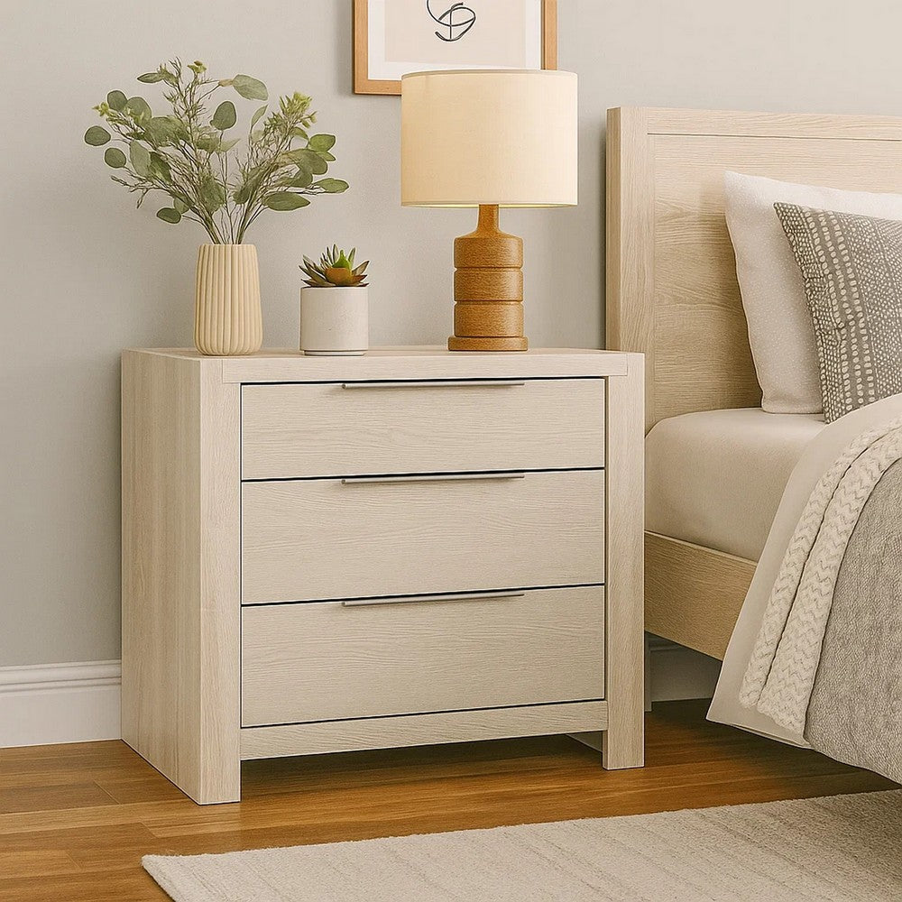 Geya Nightstand with 3 Drawers, Chrome Metal Handles, Light Gray