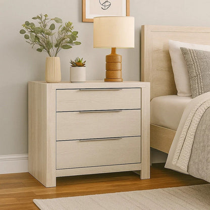 Geya Nightstand with 3 Drawers, Chrome Metal Handles, Light Gray