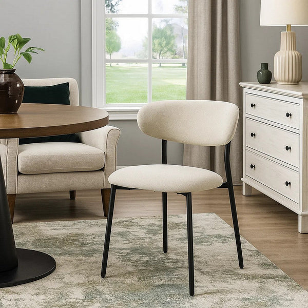Jexy Dining Armchair Set of 2, Barrel Back, Black Metal, Beige Seat