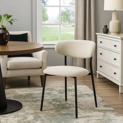 Jexy Dining Armchair Set of 2, Barrel Back, Black Metal, Beige Seat