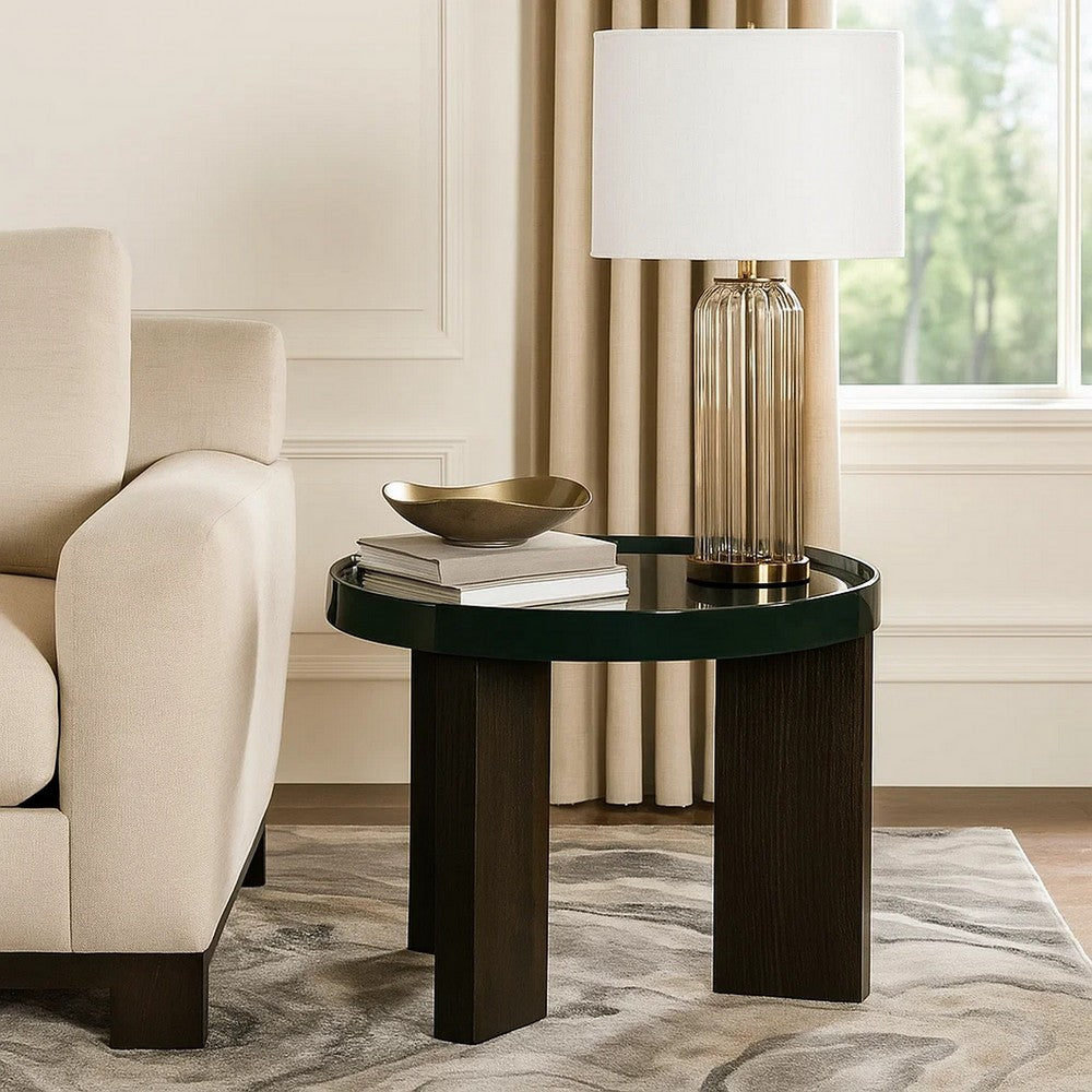 Lexy Side End Table, 24 Inch Round Top, High Gloss Blackish Green